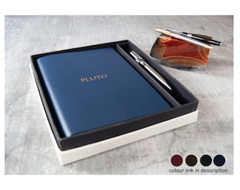 Acuto A5 Journal Gift Set Personalised Handmade Italian Leather Navy, Free Engraving Pen Travel Notebook Diary Writers Gift