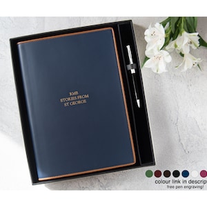 Cortona A4 Journal Handmade Italian Top-Grain Leather Gift Set Navy with Free Engraving Signature Pen (30cm x 23cm) Can be Personalised!