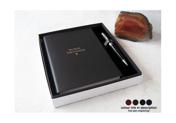 Acuto A5 Journal Gift Set Personalised Handmade Italian Leather Travel Notebook Black, Free Initial & Free Engraving Pen!