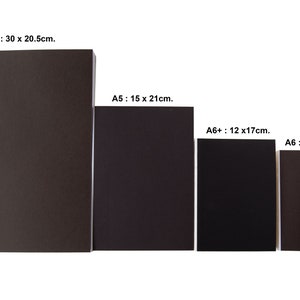 May include: Four rectangular dark brown notebooks arranged by size. The labels indicate: A4: 30 x 20.5cm, A5: 15 x 21cm, A6+: 12 x 17cm, and A6: 15 x 10cm. Each notebook features a solid dark cover and a clean, simple rectangular design.