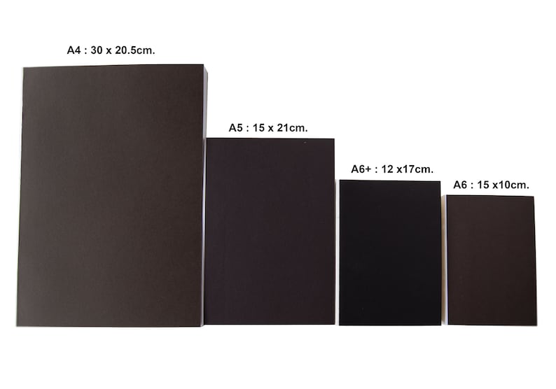 May include: Four rectangular dark brown notebooks arranged by size. The labels indicate: A4: 30 x 20.5cm, A5: 15 x 21cm, A6+: 12 x 17cm, and A6: 15 x 10cm. Each notebook features a solid dark cover and a clean, simple rectangular design.