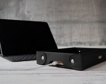 Matador Personalised Handmade Leather Tray Organiser Black (20x12cm) Office Desk Organiser Valet Tray Catchall Storage Gift