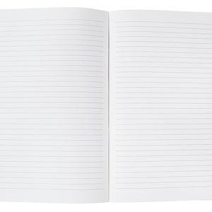 May include: An open notebook with two blank white pages featuring thin, horizontal black lines. The pages are clean and empty, providing a structured surface for writing or drawing. The notebook is laid flat, displaying the full spread of the paper.