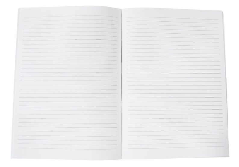 May include: An open notebook with two blank white pages featuring thin, horizontal black lines. The pages are clean and empty, providing a structured surface for writing or drawing. The notebook is laid flat, displaying the full spread of the paper.