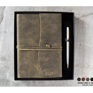Amalfi A5 Journal Handmade Italian Vegetable Tan Leather Gift Set Olive, Free Engraving Signature Pen (21cm x 15cm) Can be Personalised!