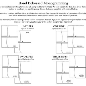 May include: Diagram showing different options for personalized leather debossing.  The options include initials, one line, two lines, and three lines.  Each option shows a sample of how the debossing would look on a leather item.  The text in the image reads: "Initials up to 6 characters", "One Line up to 12 characters", "Two Lines up to 12 characters/line", and "Three Lines up to 12 characters/line".