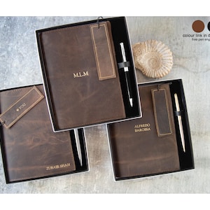 Enya A5 Refillable Journal Gift Set Personalised Handmade Full-Grain Leather Rustic Tan, Bookmark & Free Engraving Pen Travel Writers Gift