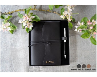 Indra Handmade Leather Refillable Journal A5 Black Gift Set with A Stainless Steel Signature Pen (21cm x 15cm x 2cm) Can be Personalised!