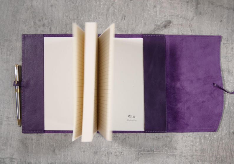 Capri A5 Refillable Journal Gift Set Personalised Handmade Italian Leather Aubergine, Free Engraving Pen Travel Notebook Diary Writers Gift image 4