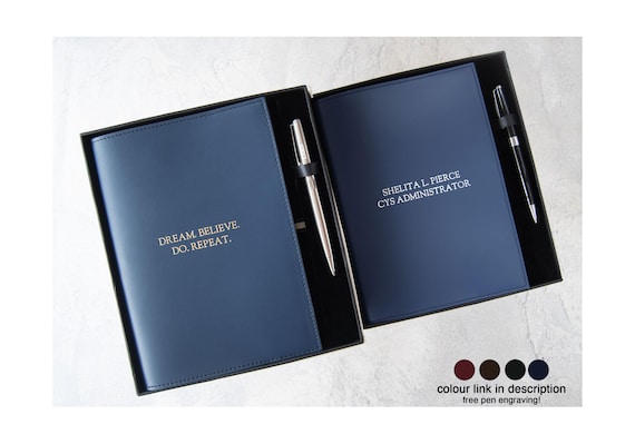 Acuto A5 Refillable Journal Gift Set Personalised Handmade Italian Leather Travel Notebook Navy (22x16cm) Free Initial & Free Engraving Pen!