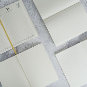 May include: Four blank notebooks, two with lined pages, one with a calendar, and one with a dotted grid pattern. The notebooks are open and lying flat on a gray textured surface.