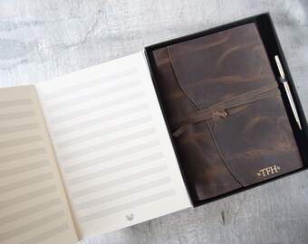 Enya Handmade Full-Grain Buff Leather Wrap Refillable Journal A4 Music Manuscript Gift Set Pen & Bookmark (31cm x 23cm) Can be personalised!