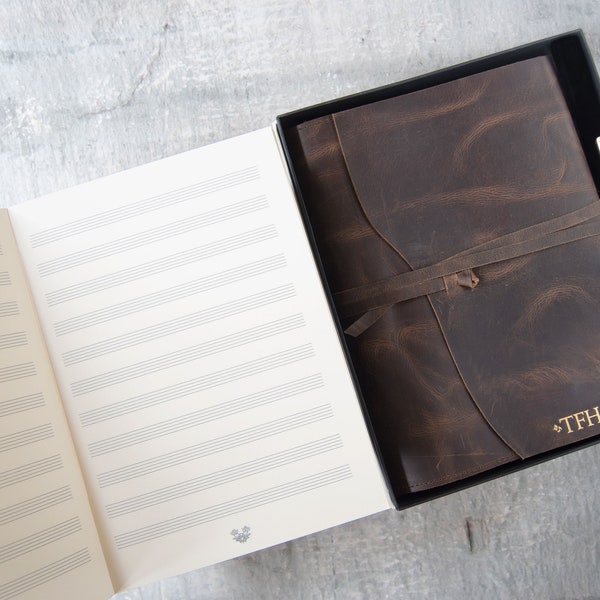 Enya Handmade Full-Grain Buff Leather Wrap Refillable Journal A4 Music Manuscript Gift Set Pen & Bookmark (31cm x 23cm) Can be personalised!