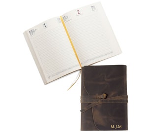 Enya Handmade Full-Grain Buff Leather Wrap Refillable Journal A5 Rustic Tan Planner 2024 (22cm x 16cm x 2cm) Can be personalised.