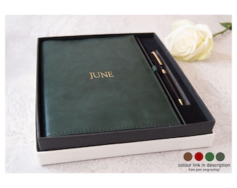 Preciso cadeauset voor hervulbaar notitieboek van A5-formaat Gepersonaliseerde Italiaans leren reisnotitieboekje olijfgroen, gratis initiaal en gratis graveerpen!