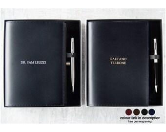 Acuto Handmade Italian Leather Refillable Journal A5 Gift Set Black with Signature Pen, Free Pen Engraving (22cm x 16cm) Can be personalised