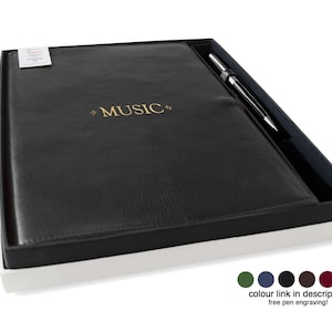 Rustico A4 Music Manuscript Gift Set Personalised Italian Full-Grain Leather Refillable Journal Black Free Initial & Free Engraving Pen!