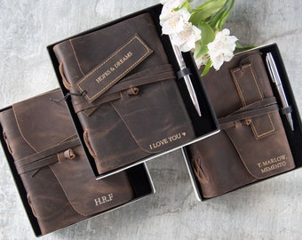 Enya handgemaakte volnerf buff lederen cadeauset dagboek A5 rustiek bruin (21 cm x 15 cm x 2 cm) Kan gepersonaliseerd worden!