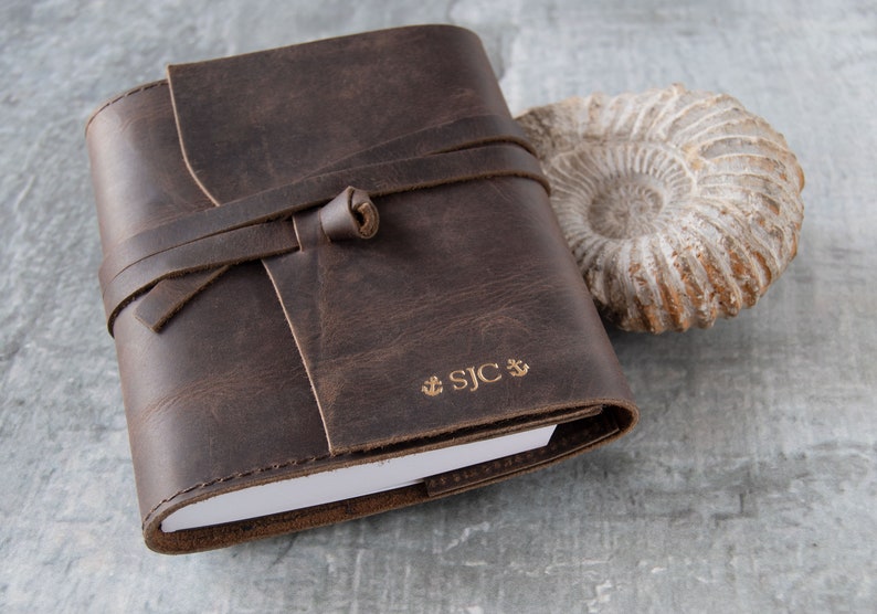 Enya Handmade Full-Grain Buff Leather Wrap Refillable Journal A6 Rustic Tan, Pocket Journal 16cm x 11cm x 2cm Can be personalised. image 4