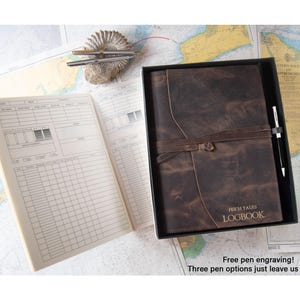 Enya A4 Yacht Log Book Gift Set Personalised Handmade Full-Grain Leather Refillable Journal Rustic Wrap, Free Initial & Engraving Pen!