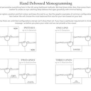 Puede incluir: Una ilustraci&oacute;n en blanco y negro que muestra diferentes formas de personalizar art&iacute;culos de cuero con una t&eacute;cnica de estampado en relieve. La ilustraci&oacute;n muestra diferentes opciones para iniciales, una l&iacute;nea, dos l&iacute;neas y tres l&iacute;neas de texto. El texto de la imagen dice "Hand Debossed Monogramming", "Iniciales hasta 6 caracteres", "Una l&iacute;nea hasta 12 caracteres", "Dos l&iacute;neas hasta 12 caracteres/l&iacute;nea", "Tres l&iacute;neas hasta 12 caracteres/l&iacute;nea", "MJM", "Davies Family", "Davies", "C&N Our Wedding", "The Davies Our Wedding", "The Davies Family Album", "The Davies Family Album".