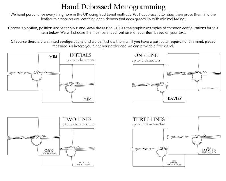 Puede incluir: Una ilustraci&oacute;n en blanco y negro que muestra diferentes formas de personalizar art&iacute;culos de cuero con una t&eacute;cnica de estampado en relieve. La ilustraci&oacute;n muestra diferentes opciones para iniciales, una l&iacute;nea, dos l&iacute;neas y tres l&iacute;neas de texto. El texto de la imagen dice "Hand Debossed Monogramming", "Iniciales hasta 6 caracteres", "Una l&iacute;nea hasta 12 caracteres", "Dos l&iacute;neas hasta 12 caracteres/l&iacute;nea", "Tres l&iacute;neas hasta 12 caracteres/l&iacute;nea", "MJM", "Davies Family", "Davies", "C&N Our Wedding", "The Davies Our Wedding", "The Davies Family Album", "The Davies Family Album".