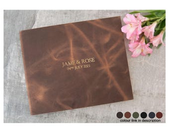 Amalfijazz gastenboek Gepersonaliseerd Italiaans plantaardig geelbruin leer bruiloft inlogboek rustiek bruin (22 x 28 cm) Gratis initialengravure!