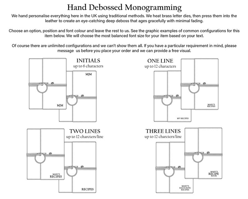 Puede incluir: Diagrama que muestra diferentes opciones para el estampado en relieve personalizado del cuero. Las opciones incluyen iniciales, una l&iacute;nea, dos l&iacute;neas y tres l&iacute;neas. Cada opci&oacute;n muestra el n&uacute;mero m&aacute;ximo de caracteres permitidos por l&iacute;nea. Los ejemplos muestran el estampado en relieve en una libreta de cuero.