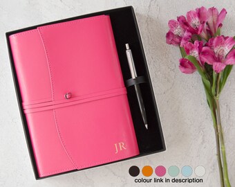 Journalista Handmade Recycled Leather Refillable Journal A5 Gift Set Pink, with our Signature Pen (22cm x 16cm x 2cm) Can be personalised!
