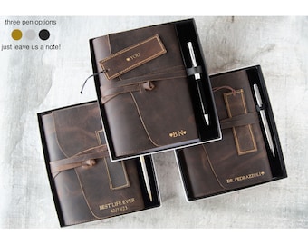 Enya Handmade Full-Grain Buff Leather Refillable Journal A5 Rustic Tan Gift Set with Pen & Bookmark (22cm x 16cm x 2cm) Can be personalised!