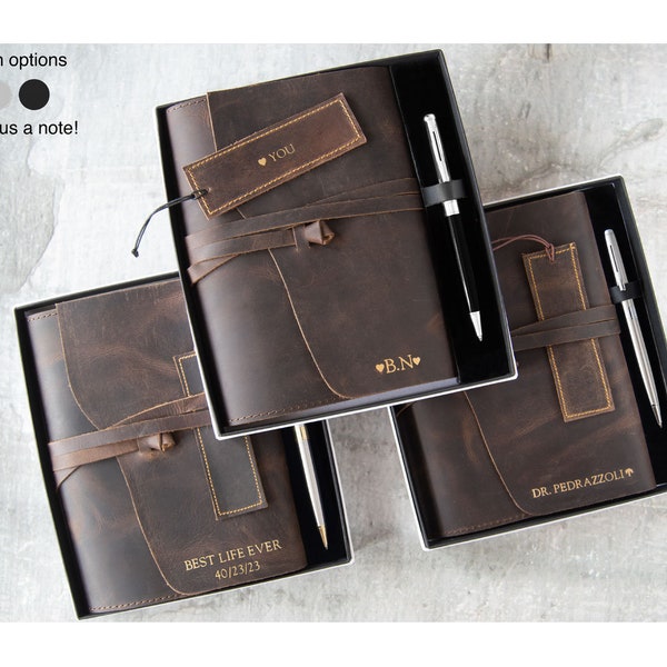 Enya Handmade Full-Grain Buff Leather Refillable Journal A5 Rustic Tan Gift Set with Pen & Bookmark (22cm x 16cm x 2cm) Can be personalised!