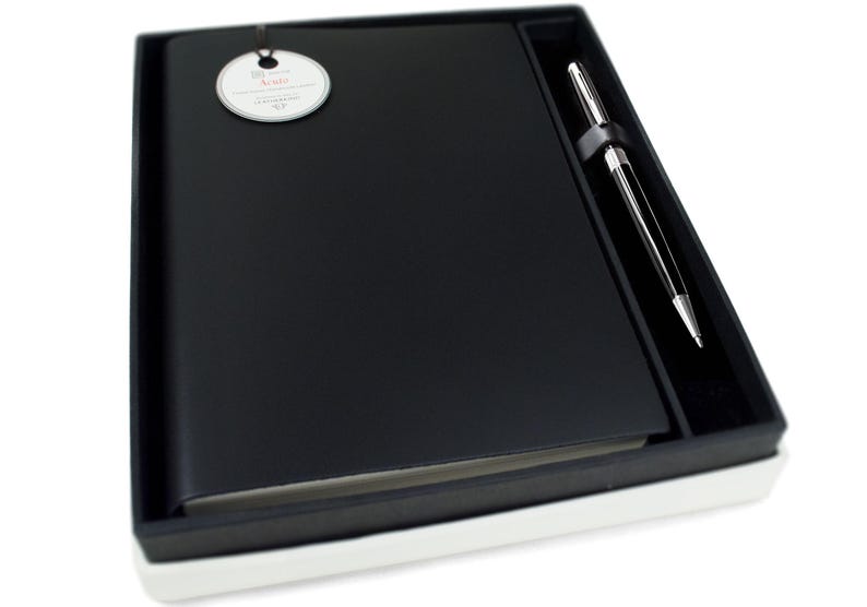 Acuto A5 Journal Gift Set Personalised Handmade Italian Leather Travel Notebook Black, Free Initial & Free Engraving Pen! image 2