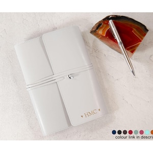 Tuscan A5 Refillable Journal Handmade Italian Recycled Leather, White (22cm x 16cm x 2cm) Can be Personalised!
