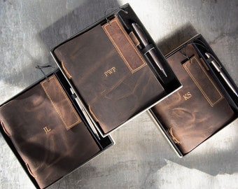 Enya Handmade Full-Grain Buff Leather Gift Set Journal A5 Rustic Tan (21cm x 15cm x 2cm) Can be personalised!