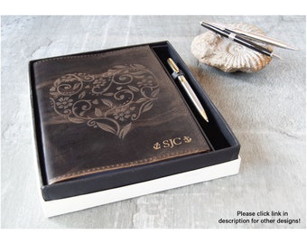 Dali Heart Handmade Full-Grain Buff Leather Refillable Journal A5 Rustic Tan Gift Set (22cm x 16cm x 2cm) Can be personalised!