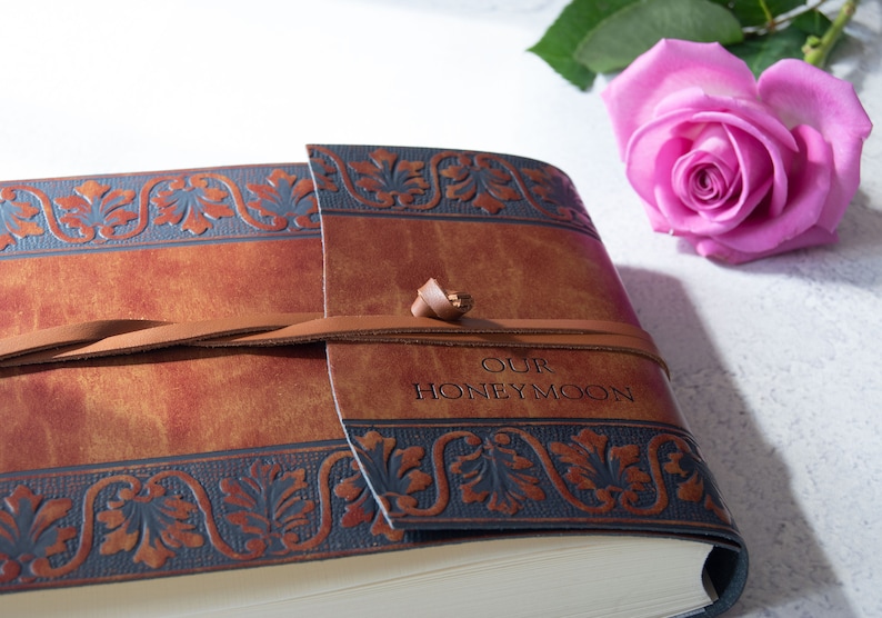 Fiore Handmade Recycled Leather Wrap Photo Album Small Chestnut, Includes Italian Made Gift Box 16cm x 22cm x 6cm Can be personalised image 1