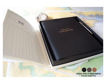 Indiana A4 jachtlogboek cadeauset gepersonaliseerde handgemaakte lederen hervulbare dagboek zwart, gratis graveerpen nautische zeilers cadeau