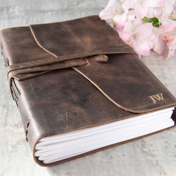 Enya Handmade Full-Grain Buff Leather Bound Journal A5 Rustic Tan, with 400 Acid-Free Writing Pages (21cm x 15cm x 5cm) Can be Personalised!