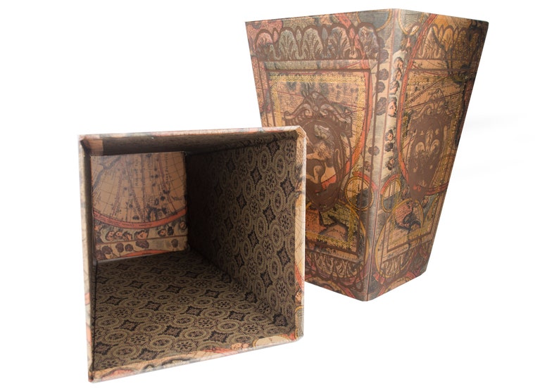 May include: Two decorative boxes with a vintage map and floral pattern. The boxes are made of cardboard and have a square and rectangular shape.