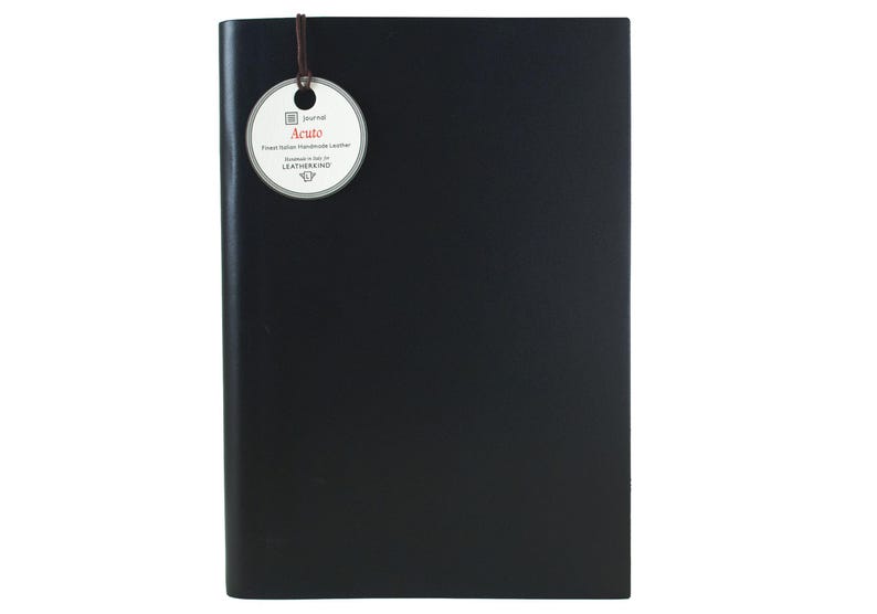 Acuto A5 Journal Gift Set Personalised Handmade Italian Leather Travel Notebook Black, Free Initial & Free Engraving Pen! image 3