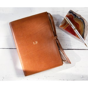 May include: A brown leather journal with the initials "LR" embossed in gold. A silver pen rests on a decorative stone with red, orange, and white bands. The journal has a leather strap closure.