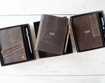 Enya Handmade Full-Grain Buff Leather Refillable Journal A6+ Large, Rustic Gift Set, Pen & Bookmark (18cm x 13cm x 2cm) Can be personalised!