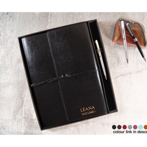 Tuscan A4 Refillable Journal Gift Set Personalised Italian Recycled Leather Notebook Sketchbook Black, Free Initial & Free Engraving Pen!