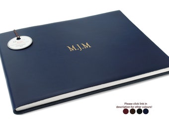 Acuto Handmade Italian Leather Bound Guest Book, Extra Large Navy, Wedding Guest book (22cm x 28cm x 2cm) Can be personalised!