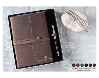 Amalfi A5 Journal Gift Set Personalised Handmade Italian Vegetable-Tanned Leather Notebook Rustic Tan, Free Initial & Free Engraving Pen!