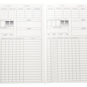 May include: A blank logbook with columns for date, sea area, wind, weather, visibility, barometer, crew, service comments, notes, time, position, compass, speed, depth, and comments. The logbook is designed for recording nautical information.