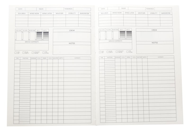 May include: A blank logbook with columns for date, sea area, wind, weather, visibility, barometer, crew, service comments, notes, time, position, compass, speed, depth, and comments. The logbook is designed for recording nautical information.