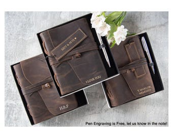 Enya A5 Journal Gift Set Personalised Handmade Full-Grain Leather Wrap Rustic Tan, 200 Pages Bookmark & Free Engraving Pen Writers Gift