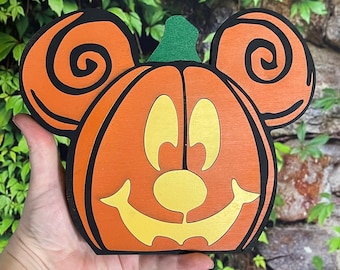 Mickey Mouse Jack-O_Lantern Wooden Home Decor Pumpkin Halloween Disney Inspired Rare Find