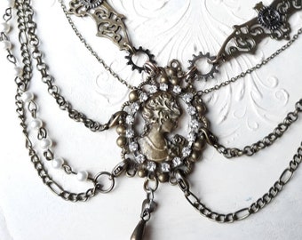 Steampunk victorian cameo necklace with pearls